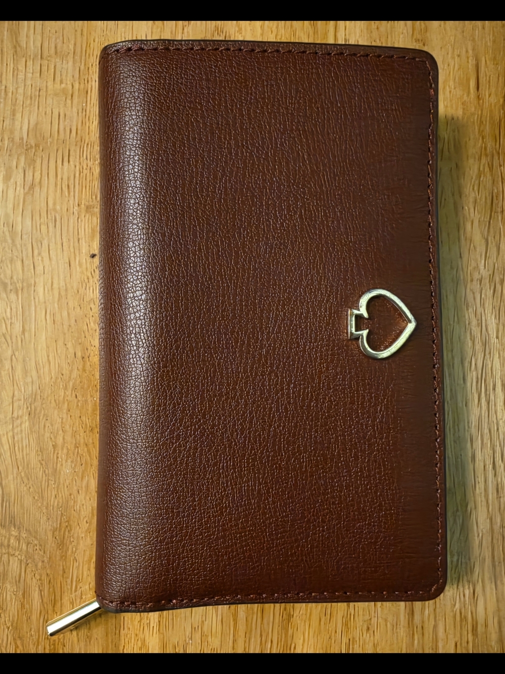 Kate Spade Maroon Brown Leather Zip Wallet with Heart Emblem - Women Accessories